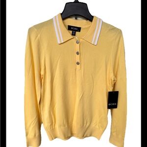 NWT BCBG Women’s Medium Soft Yellow Polo Knit Rayon Sweater White Trimmed Collar